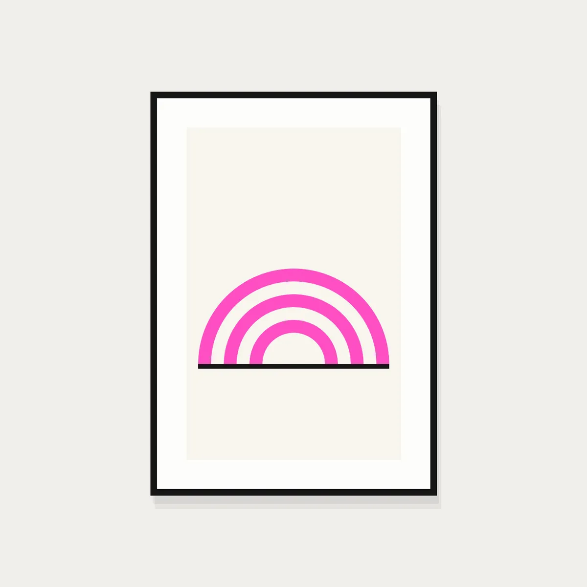 Screen print of concentric arcs over a baseline, framed in black-stained oak