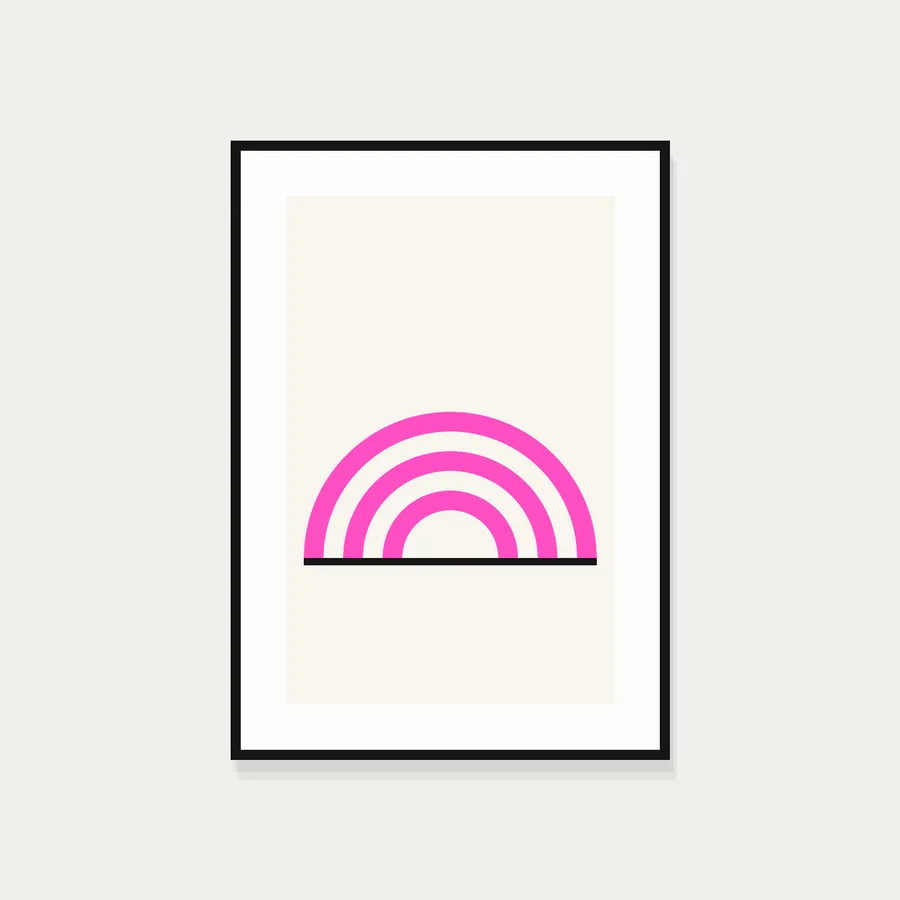 Screen print of concentric arcs over a baseline, framed in black-stained oak