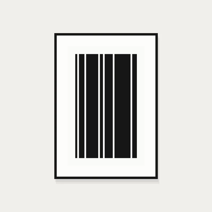 Screen print of vertical bars, framed in black-stained oak
