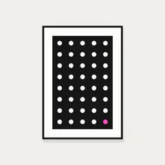 Screen print of a dot grid with a single accent, framed in black-stained oak