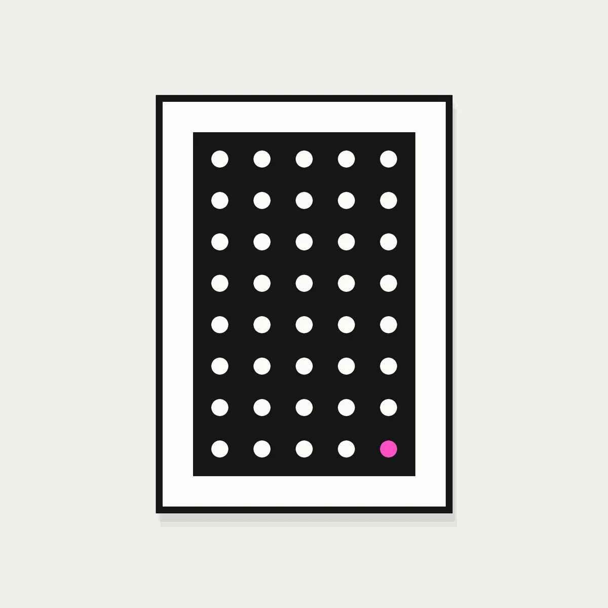 Screen print of a dot grid with a single accent, framed in black-stained oak